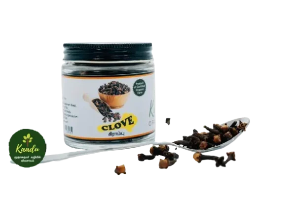 Organic cloves are kept in a glass jar.