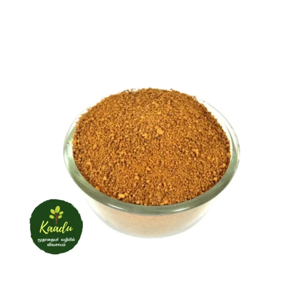 Natural palm jaggery powder kept in a glass bowl