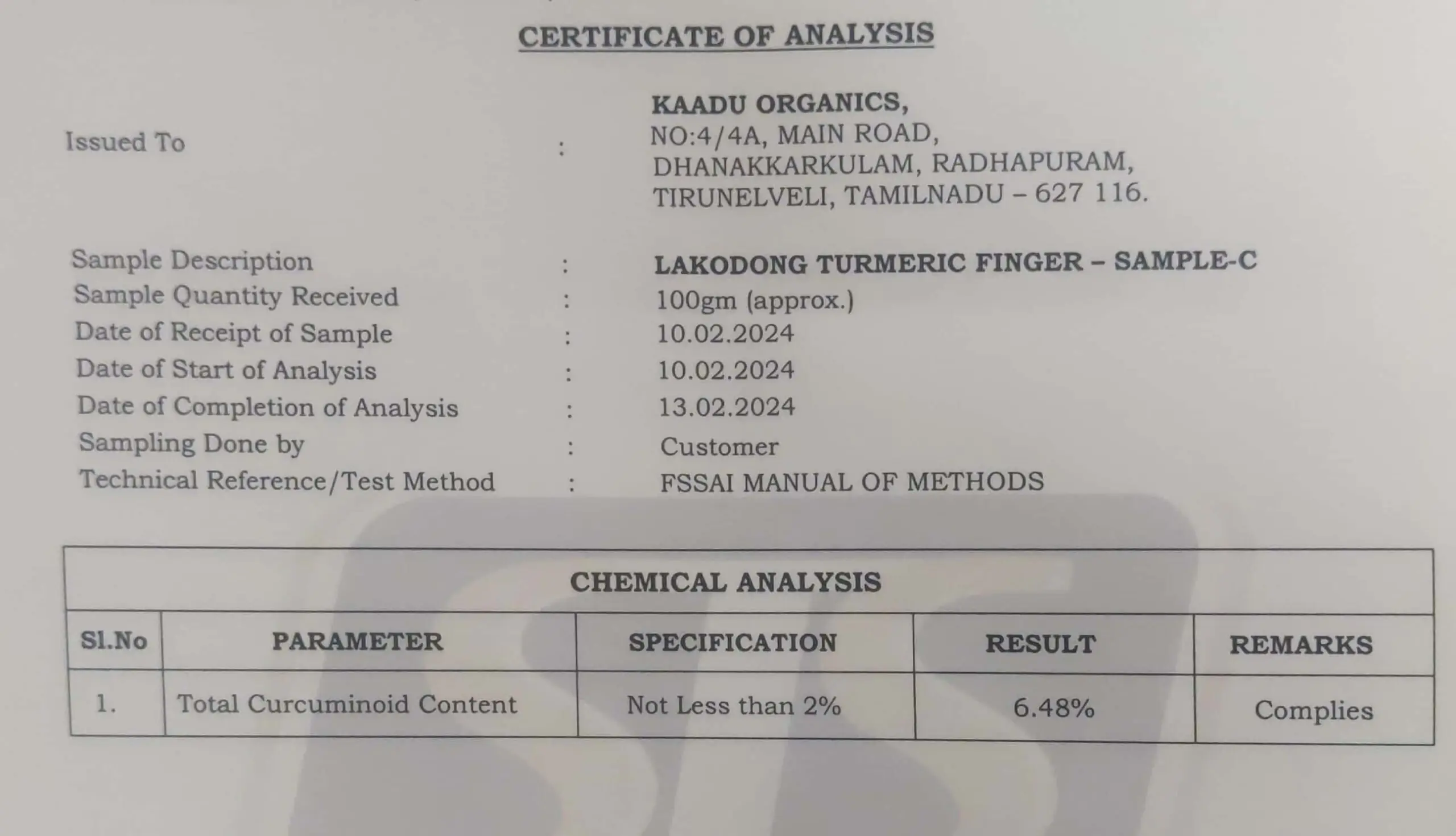 lakadong turmeric lab test report