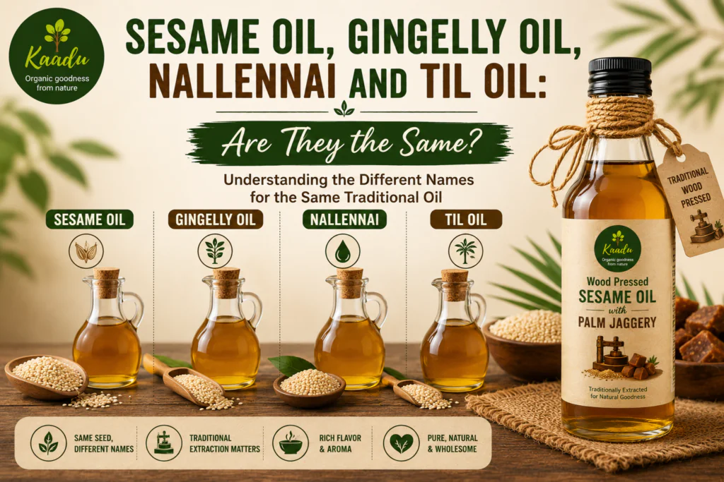 sesame oil, gingelly oil, nallennai and til oil.
